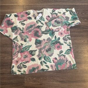 Lane Bryant Cream Sweater with Pink and Green Floral Design